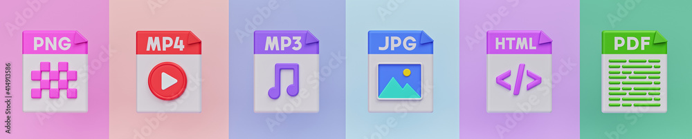 Poster popular file format icons set. simple banner. 3d rendering