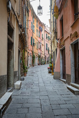 Obraz na płótnie Canvas PORTO VENERE, ITALY - OCTOBER, 2020: cityscape. Narrow street in old town of Porto Venere, Liguria, Italy