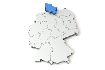 Map of Germany showing Schleswig Holstein region. 3D Rendering