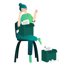 woman sit on chair holding box filled with paper cartoon flat style