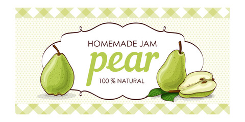 vector label of green pear with polka dot background and colored border