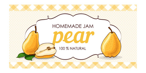 vector label of yellow pear with polka dot background and colored border