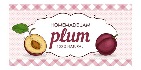vector label of plum with polka dot background and colored border