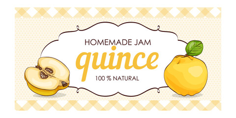 vector label of quince with polka dot background and colored border