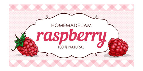 vector label of raspberry with polka dot background and colored border