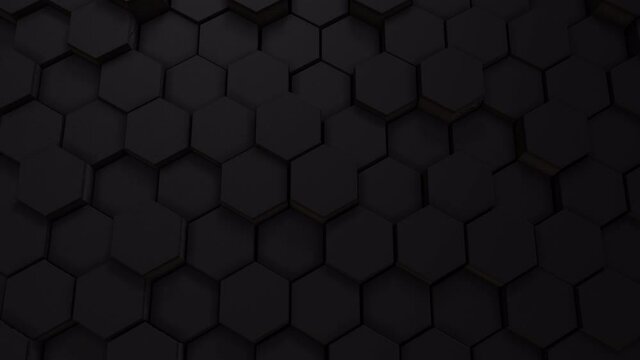 Black futuristic prism hexagons, bee combs, six, movement on a minimalistic background. The concept of design and technology. 3d animation. Grid. top view