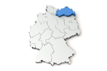 Map of Germany showing Mecklenburg Vorpommern region. 3D Rendering