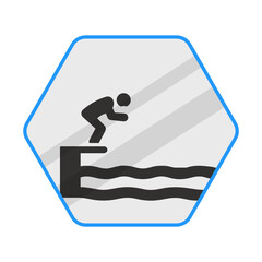 swimmer jumping to pool concept vector blue color icon design, Pool and beach safety rules on white background, water sports symbol, Swimming Sports hexagon signboard mockup stock illustration