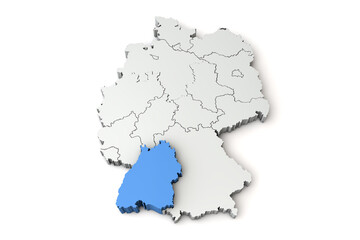 Map of Germany showing Baden Wurttemberg region. 3D Rendering