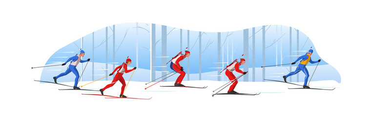 Biathletes in sportswear with riffles are skiing. Male Athletes participate in winter sports sprint competition. The leader of pelothon tries to win a race.Vector flat design web banner illustration