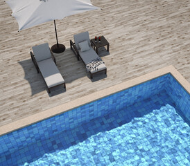 Swimming pool with wooden deck and sun loungers
