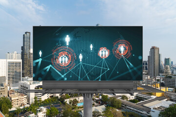 World planet Earth map hologram and social media icons on billboard over panorama city view of Bangkok, Southeast Asia. The concept of people networking and connections.