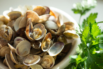 Steamed clams in a plate, main ingredient for spaghetti with clams. Selective focus.