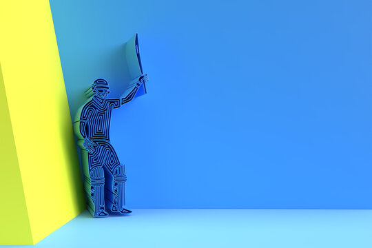 3D Concept of Batsman playing cricket raises his bat after scoring a full century - 3D Render illustration.