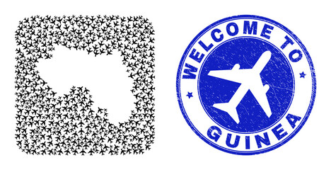 Vector collage Republic of Guinea map of items and grunge Welcome seal. Collage geographic Republic of Guinea map constructed as stencil from rounded square shape with air tourism.