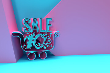 3D Render Shopping Cart 10% OFF Sale Discount Banner with space of your text Illustration Design.