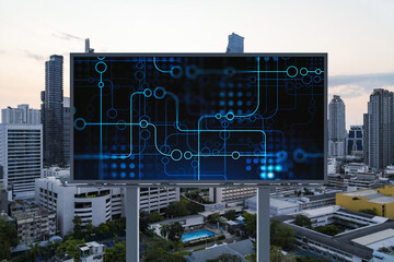 Glowing hologram of technological process on billboard, aerial panoramic cityscape of Bangkok at...
