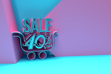 3D Render Shopping Cart 40% OFF Sale Discount Banner with space of your text Illustration Design.