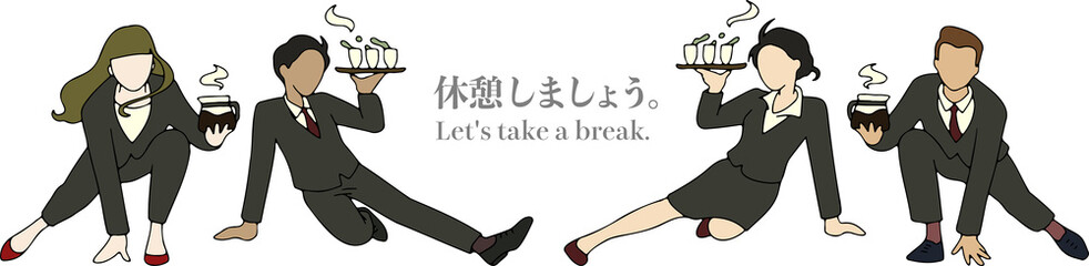 コーヒーとお茶を持って休憩を促すアクロバットなビジネスパーソンのイラスト　男女セット