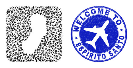Vector collage Espirito Santo State map of aircraft items and grunge Welcome seal stamp. Collage geographic Espirito Santo State map designed as stencil from rounded square shape with air jorneys.