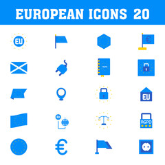 Blue European Icon Set on White Background.