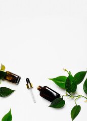  Essential oil and green leaves on a white background.