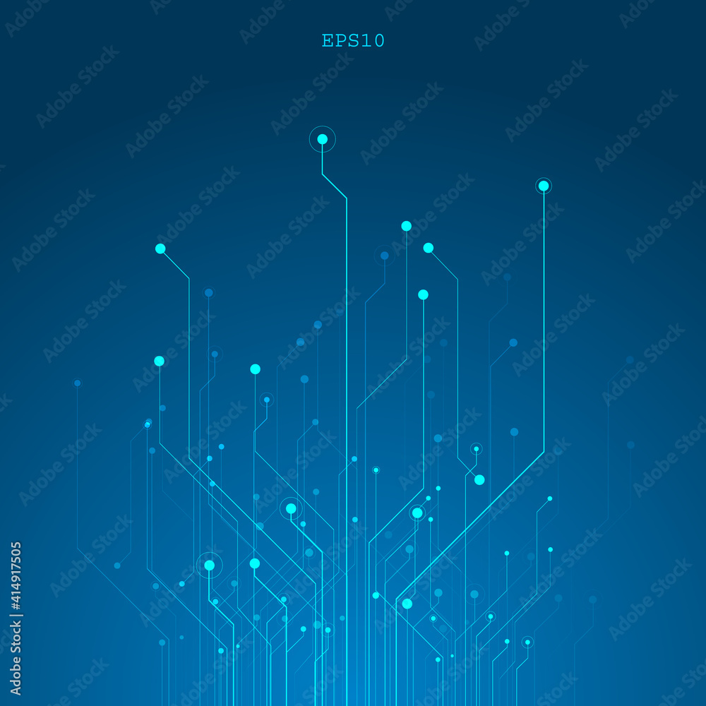 Poster circuit board technology tree pattern concept vector background. blue abstract sci-fi pcb trace data