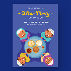 Iftar Party Flyer Or Invitation Card With Muslim People Enjoying Delicious Foods On Blue Background.