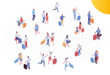 Fototapeta na wymiar Isometric people in airport vector set. Trip and vacation. Crowd of people with luggage isolated on white background