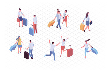 Fototapeta na wymiar Isometric people in airport vector set. Trip and vacation. Crowd of people with luggage isolated on white background