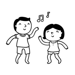 Cute cartoon couple dancing and having fun, vector outline illustration