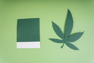 Green pantone and marihuana leaf over light green background.