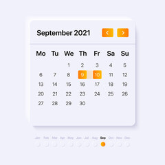Calendar UI Element. Neumorphism UI Concept with orange gradient pickers. . Vector illustration