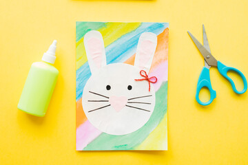DIY Easter card. How to make paper bunny for Easter greetings. Step by step photo instruction. Paint eyes, whiskers. Step 6.