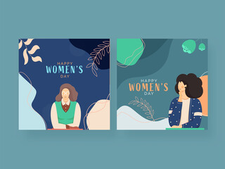 Happy Women's Day Poster Design With Woman Character On Background In Two Color Option.