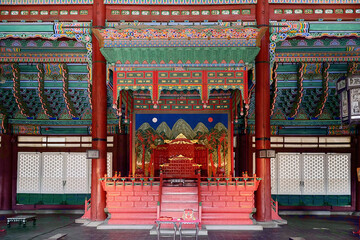 Seoul, South Korea - November 03, 2018 : The interior view of the Geunjeongjeon Hall in Gyeongbokgung Palace.