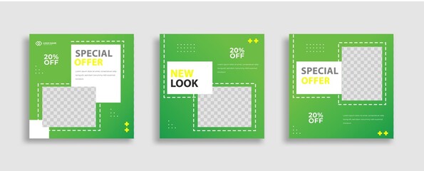 Set of Editable minimal square banner template. Green ye8 white background color with geometric shapes for social media post and web internet ads. Vector illustration 