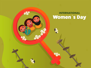 International Women's Day Concept With Different Religion Cheerful Female Watching Upwards And Venus Sign On Green Background.