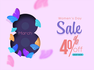 Women's Day Sale Poster Design With 40% Discount Offer And March Of Paper Cut 8 Number On Light Magenta Background.