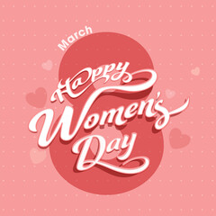 8 March Happy Women's Day Font On Light Red Dotted Background.