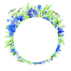 Floral round frame, blue flowers and green leaves. Watercolor hand drawn illustration, isolated on white.