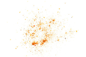 Pile of red pepper powder on a white background. Cayenne pepper powder, top view. Red pepper...