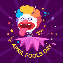 Clown vector flat illustration, April Fools Day text and funny glasses  for greeting card, ads, promotion, poster, flier, blog, marketing, signage