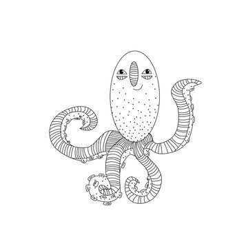 Adorable octopus. Vector illustration isolated on white background. Design for coloring book page or children print.