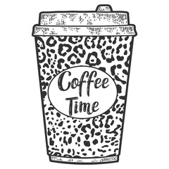 Coffee glass design, leopard coat color. Engraving vector illustration.