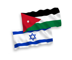 National vector fabric wave flags of Hashemite Kingdom of Jordan and Israel isolated on white background. 1 to 2 proportion.