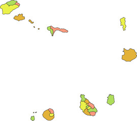 Pastel vector map of Cape Verde with black borders of its municipalities and civil parishes