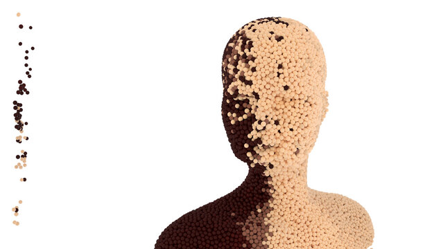 Surreal portrait made of tiny balls isolated on white