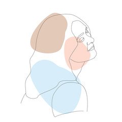 illustration of black outline girl with closed eyes. Spots of blue pink beige. skin care, makeup. for design, poster, wallpaper, beauty industry. vector drawn by hand on a white background