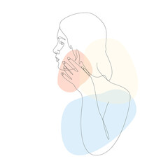 illustration of black outline girl with hand at face. Spots of blue pink beige. skin care, makeup. for design, poster, wallpaper, beauty industry. vector drawn by hand on a white background